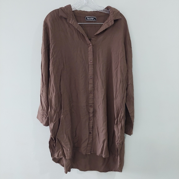 Song of Style Tunic Shirt size 2X Brown with floral embroidered design roll tab - Picture 9 of 10